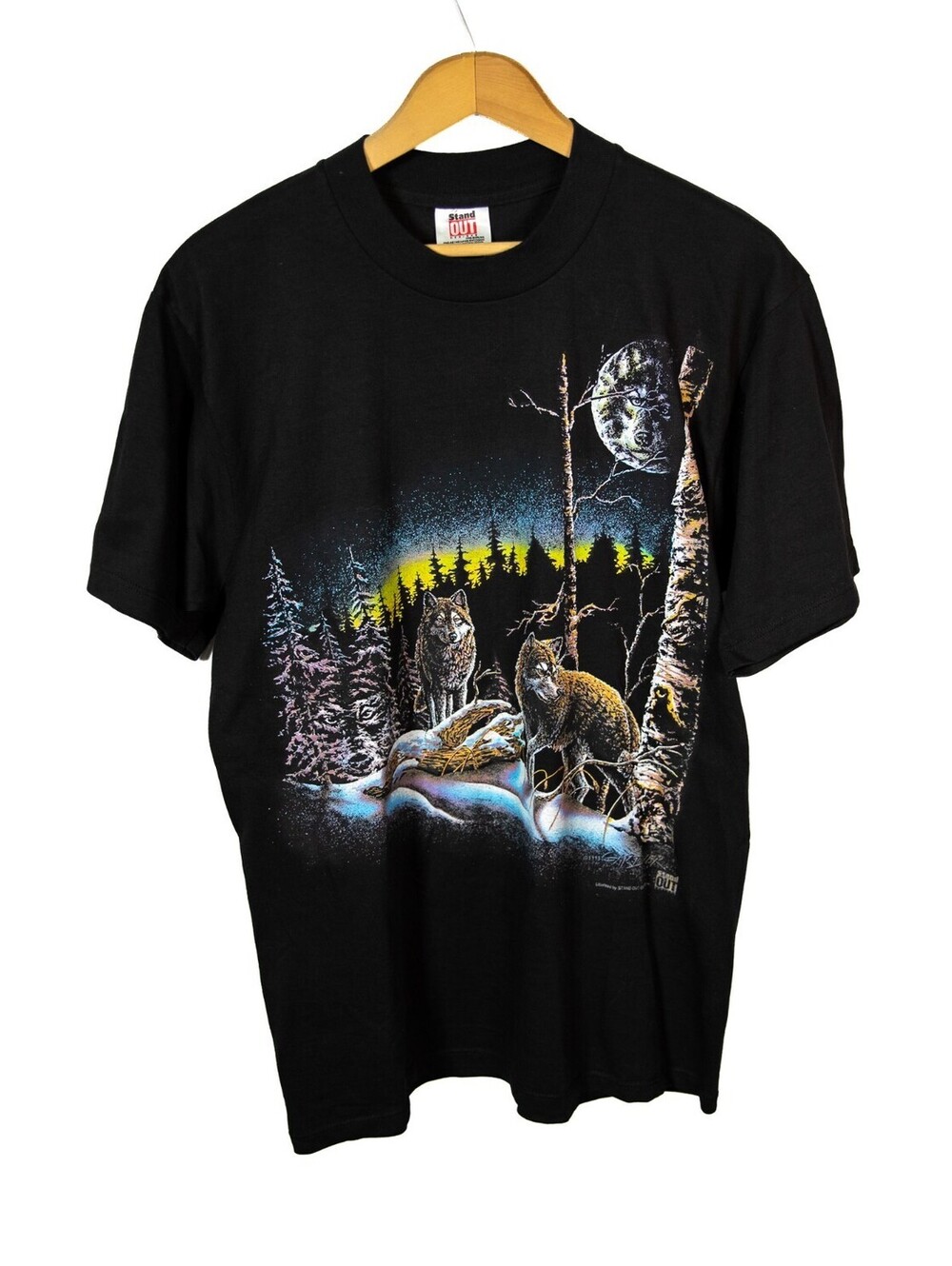 Vintage 1993 Northern Lights Wolf Print T- Shirt - Made in USA - Men's Large